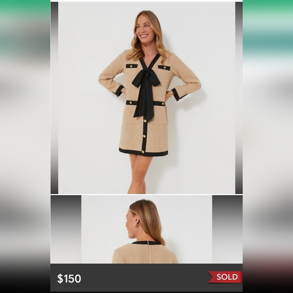 FINAL POMANDER PLACE Tan Coco Tweed Bow Dress Size Large NWOT - Picture 5 of 5